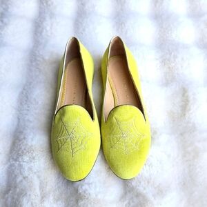 CHARLOTTE OLYMPIA Charlotte's Web Yellow Green Velvet Spider Loafers Size 35